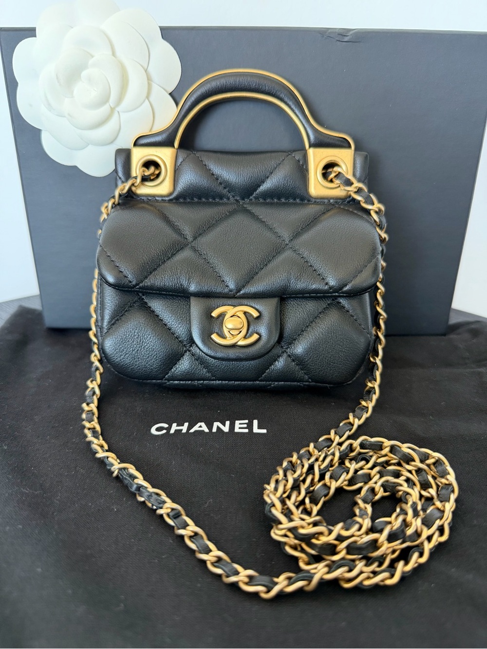 Chanel 21A Lady Handle Black Mini Flap Card Holder With Chain Top Crossbody Bag
